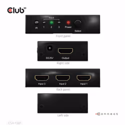 CLUB3D 3 to 1 HDMI 8K60Hz Switch switch per keyboard-video-mouse (kvm) Nero - Vista aggiuntiva 4