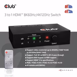 CLUB3D 3 to 1 HDMI 8K60Hz Switch switch per keyboard-video-mouse (kvm) Nero - Vista aggiuntiva 8