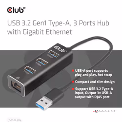CLUB3D USB 3.2 Gen1 Type-A, 3 Ports Hub with Gigabit Ethernet - Vista aggiuntiva 4