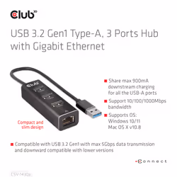 CLUB3D USB 3.2 Gen1 Type-A, 3 Ports Hub with Gigabit Ethernet - Vista aggiuntiva 5