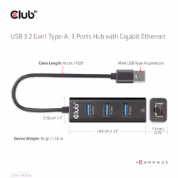 CLUB3D USB 3.2 Gen1 Type-A, 3 Ports Hub with Gigabit Ethernet - Vista aggiuntiva 6