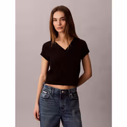 Calvin Klein T-shirt con scollo a V in cotone a costine - Vista aggiuntiva 2
