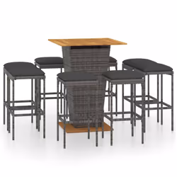 vidaXL Set da Bar per Giardino 9 pz con Cuscini in Polyrattan Grigio - Vista aggiuntiva 2