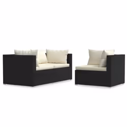 vidaXL Set Divani da Giardino 3 pz con Cuscini in Polyrattan Nero - Vista aggiuntiva 2