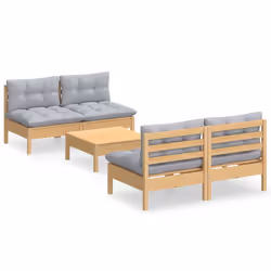 vidaXL Set Divani da Giardino 5 pz con Cuscini Grigi Massello di Pino - Vista aggiuntiva 2