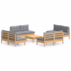 vidaXL Set Divani da Giardino 9 pz con Cuscini Grigi Massello di Pino - Vista aggiuntiva 2