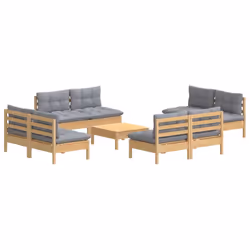 vidaXL Set Divani da Giardino 9 pz con Cuscini Grigi Massello di Pino - Vista aggiuntiva 3