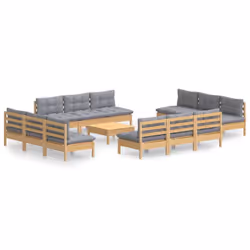 vidaXL Set Divani da Giardino 13 pz con Cuscini Grigi Massello di Pino - Vista aggiuntiva 2