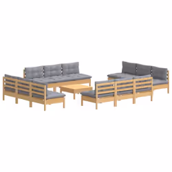 vidaXL Set Divani da Giardino 13 pz con Cuscini Grigi Massello di Pino - Vista aggiuntiva 3