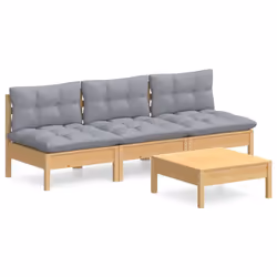 vidaXL Set Divani da Giardino 4 pz con Cuscini Grigi Massello di Pino - Vista aggiuntiva 2