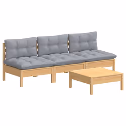 vidaXL Set Divani da Giardino 4 pz con Cuscini Grigi Massello di Pino - Vista aggiuntiva 3