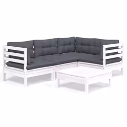vidaXL Set Divani da Giardino 5 pz con Cuscini Bianchi Legno di Pino - Vista aggiuntiva 2