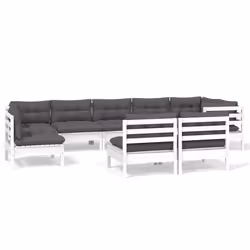 vidaXL Set Divani da Giardino 9 pz con Cuscini Bianchi Legno di Pino - Vista aggiuntiva 2