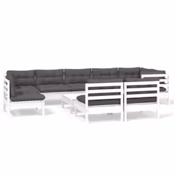 vidaXL Set Divani da Giardino 10 pz con Cuscini Bianchi Legno di Pino - Vista aggiuntiva 2