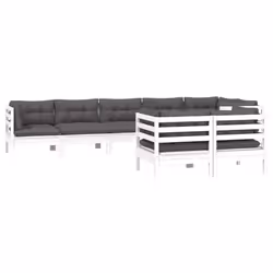 vidaXL Set Divani da Giardino 8 pz con Cuscini Bianchi Legno di Pino - Vista aggiuntiva 3