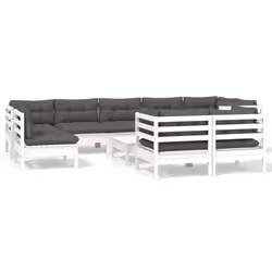 vidaXL Set Divani da Giardino 10 pz con Cuscini Bianchi Legno di Pino - Vista aggiuntiva 2