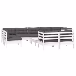 vidaXL Set Divani da Giardino 10 pz con Cuscini Bianchi Legno di Pino - Vista aggiuntiva 3