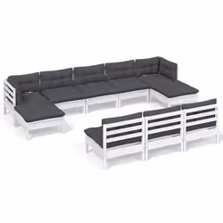 vidaXL Set Divani da Giardino 10 pz con Cuscini Bianchi Legno di Pino - Vista aggiuntiva 2
