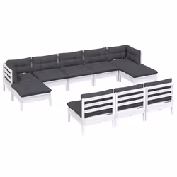 vidaXL Set Divani da Giardino 10 pz con Cuscini Bianchi Legno di Pino - Vista aggiuntiva 3
