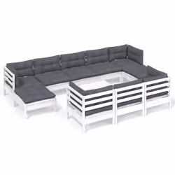 vidaXL Set Divani da Giardino 11 pz con Cuscini Bianchi Legno di Pino - Vista aggiuntiva 2