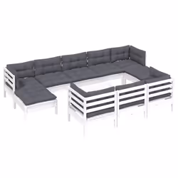 vidaXL Set Divani da Giardino 11 pz con Cuscini Bianchi Legno di Pino - Vista aggiuntiva 3