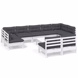 vidaXL Set Divani da Giardino 10 pz con Cuscini Bianchi Legno di Pino - Vista aggiuntiva 2