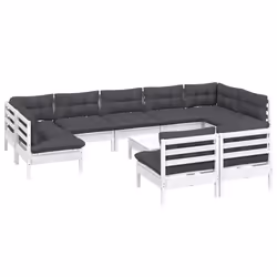 vidaXL Set Divani da Giardino 10 pz con Cuscini Bianchi Legno di Pino - Vista aggiuntiva 3