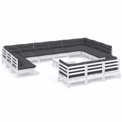 vidaXL Set Divani da Giardino 14 pz con Cuscini Bianchi Legno di Pino - Vista aggiuntiva 2