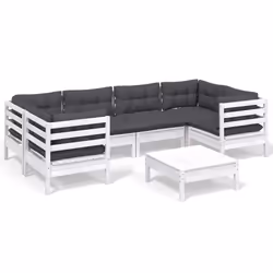 vidaXL Set Divani da Giardino 7 pz con Cuscini Bianchi Legno di Pino - Vista aggiuntiva 2