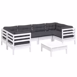 vidaXL Set Divani da Giardino 7 pz con Cuscini Bianchi Legno di Pino - Vista aggiuntiva 3