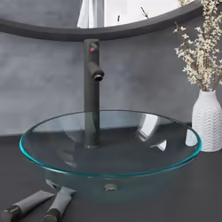Questo lavabo da bagno circolare con rubinetto e scarico a pressione è progettato per sedersi sul piano di lavoro e attirare ...