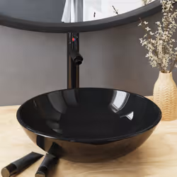 Questo lavabo da bagno circolare con rubinetto e scarico a pressione è progettato per sedersi sul piano di lavoro e attirare ...