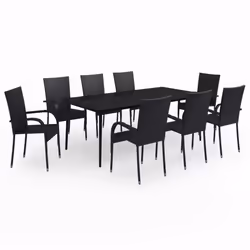 vidaXL Set da Pranzo per Giardino 9 pz con Cuscini Neri - Vista aggiuntiva 2