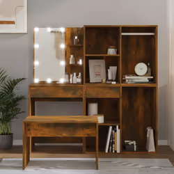 vidaXL Set Tavolo da Toeletta con LED Rovere Fumo in Legno Multistrato - Vista aggiuntiva 3