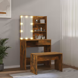 vidaXL Set Tavolo da Toeletta con LED Rovere Fumo in Legno Multistrato - Vista aggiuntiva 3