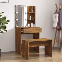 vidaXL Set Tavolo da Toeletta con LED Rovere Fumo in Legno Multistrato - Vista aggiuntiva 3