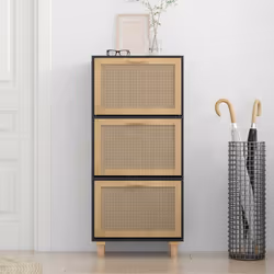 vidaXL Scarpiera Nero 52x25x115cm Legno Multistrato e Rattan Naturale - Vista aggiuntiva 3