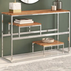 Tavolino Consolle Argento Acciaio Inox e Legno Massello Acacia vidaXL96581