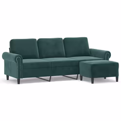 vidaXL Divano a 3 Posti con Poggiapiedi Verde scuro 180 cm in Velluto - Vista aggiuntiva 2