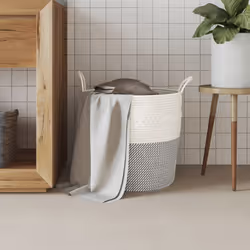 Cestino Portaoggetti Grigio e Bianco Ø43x38 cm in Cotonecod mxl 108829 - Vista aggiuntiva 3