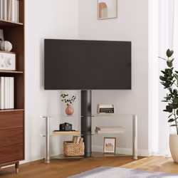 Questo supporto TV angolare combina una staffa TV e un tavolino a 3 livelli in un'unica soluzione, offrendo una soluzione pra ...