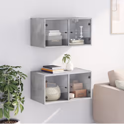 vidaXL Mobili a Muro con Ante in Vetro 2pz Grigio Cemento 68,5x37x35cm - Vista aggiuntiva 3