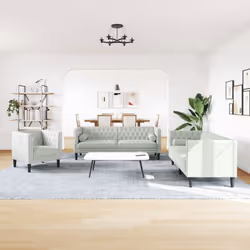 vidaXL Set Divani Chesterfield 3pz con Cuscini Grigio Chiaro Velluto - Vista aggiuntiva 3