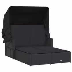 vidaXL Lettino Prendisole Doppio Baldacchino e Cuscini Nero Polyrattan - Vista aggiuntiva 2
