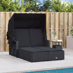 vidaXL Lettino Prendisole Doppio Baldacchino e Cuscini Nero Polyrattan - Vista aggiuntiva 3
