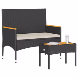 vidaXL Panca da Giardino a 2 Posti Cuscini e Tavolo Nera in Polyrattan - Vista aggiuntiva 3