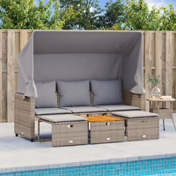 vidaXL Divano Giardino 3 Posti con Tetto e Sgabelli Grigio Polyrattan - Vista aggiuntiva 3
