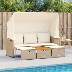 vidaXL Divano Giardino 3 Posti Baldacchino e Sgabelli Beige Polyrattan - Vista aggiuntiva 3