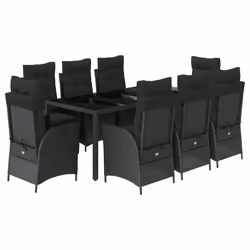 vidaXL Set da Pranzo da Giardino 9 pz con Cuscini Nero in Polyrattan - Vista aggiuntiva 2