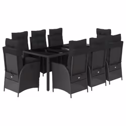 vidaXL Set da Pranzo da Giardino 9 pz con Cuscini Nero in Polyrattan - Vista aggiuntiva 2